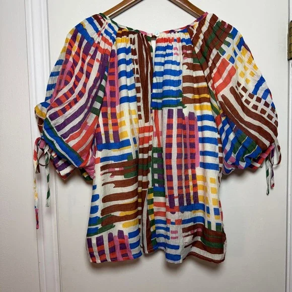 PINCH Patchwork Stripe Square Neck Puff Sleeve Tie Cuff Blouse Top M - Picture 4 of 7